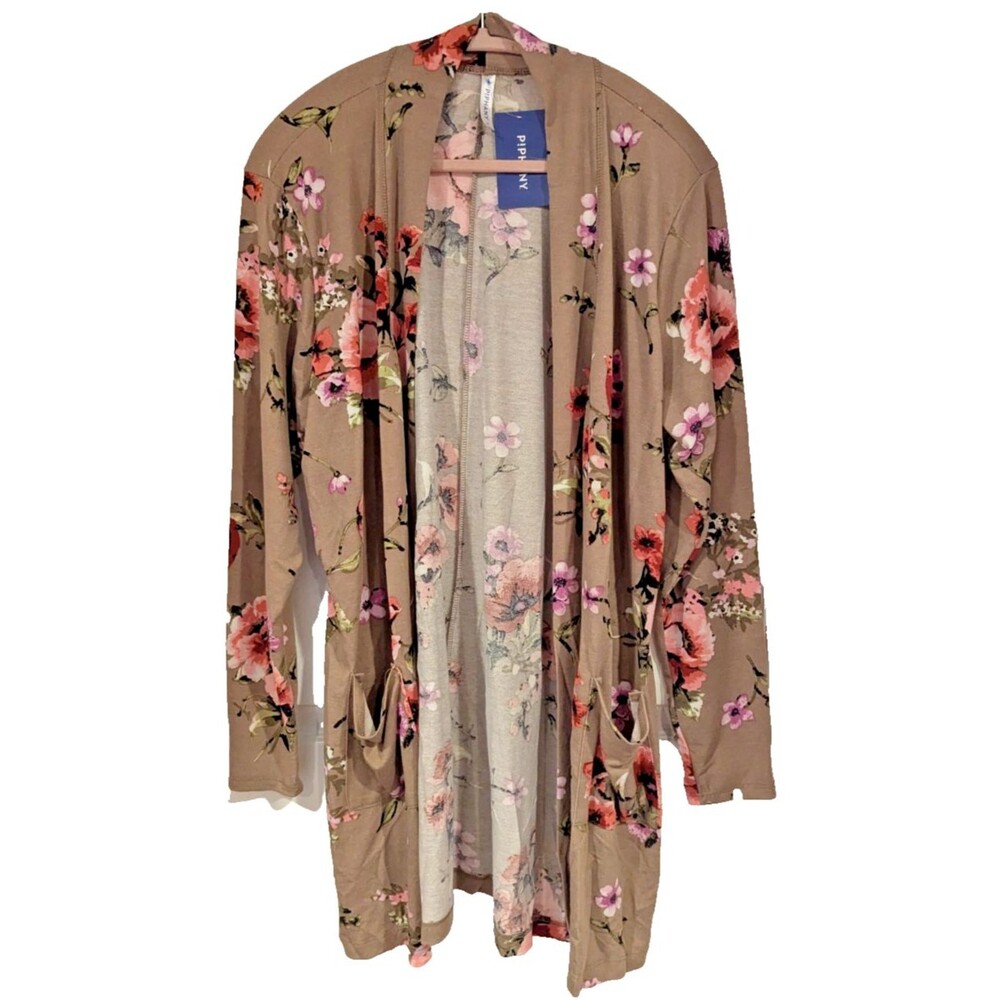 Piphany Colette Cardigan SZ. XL (4) tan pink floral Longline Drapey Feminine‎